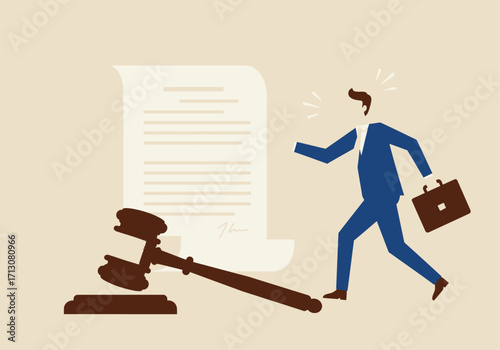 Illustration of a man running from a gavel and legal document.