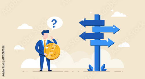 Man with coin at crossroads, unsure of investment decision.