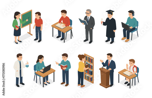 Educational professions isometric set: teacher, student, scientist, librarian, graduate