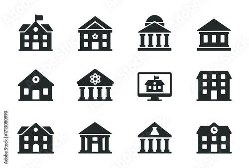 Silhouette icons of education and academic institutions for digital design