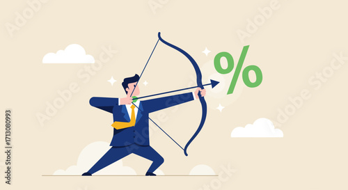 Man aiming at percentage symbol with bow and arrow.