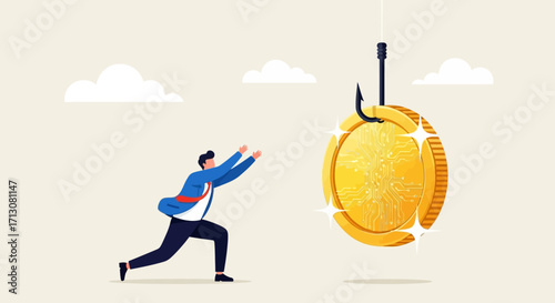 Man reaching for coin on hook, financial trap concept illustration.