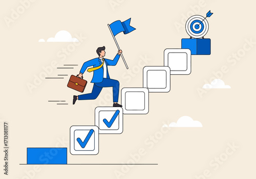 Businessman climbing steps to reach target with flag and briefcase.