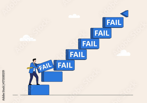Man climbing stairs of failure, removing a block.
