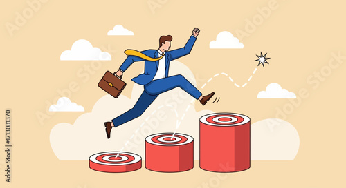 Man leaps to success, stepping up on target platforms.