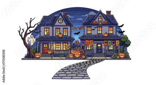 Pixel art illustration of two haunted houses decorated for Halloween.