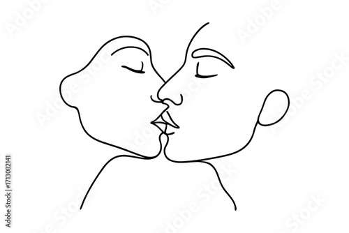 Minimalist line art of two faces kissing with intimacy and elegance