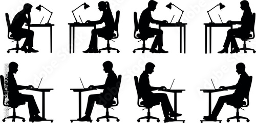 Office workers sitting at desks using laptops in various postures, ergonomic positions, workplace habits, productivity and computer work scenes