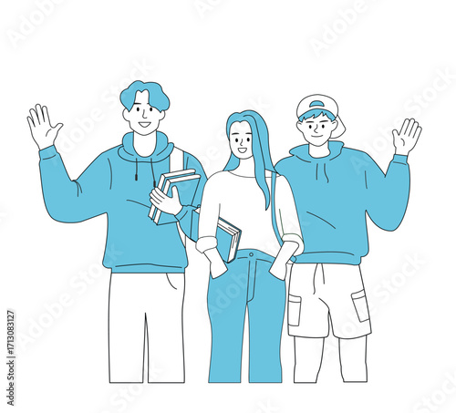Group of smiling students waving and holding books