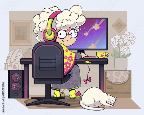 Funny granny. Funny old lady sits near the computer. Granny gamer. Granny freelancer. Granny plays games. Vector illustration. 