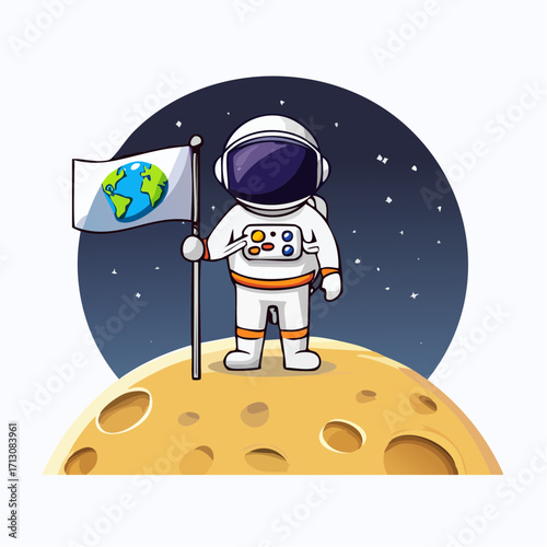 A cute astronaut character in a spacesuit standing on the moon's surface, proudly holding a flag featuring planet Earth