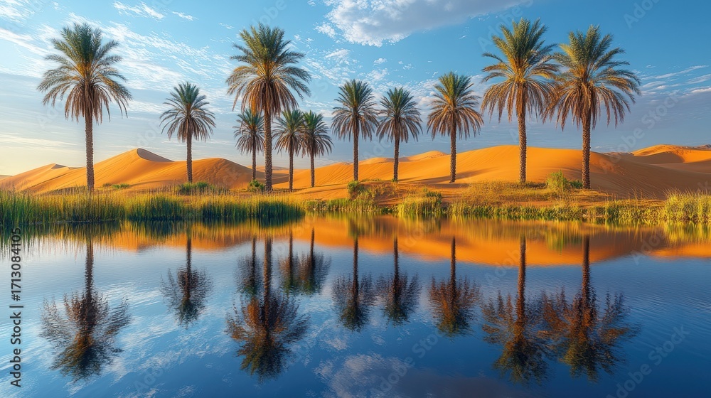 Fototapeta premium Golden Hour Oasis: Palm Trees and Sand Dunes Reflected in Tranquil Water Under a Serene Sky