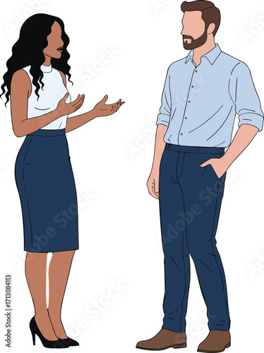 Professional Man and Woman in Conversation – Workplace Interaction, Business Attire, Communication Concept for Office, HR, Corporate, and Teamwork Themes