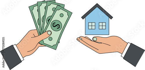 Real estate transaction concept with money and house exchange, symbolizing property investment, home purchase, financial deal, and business agreement