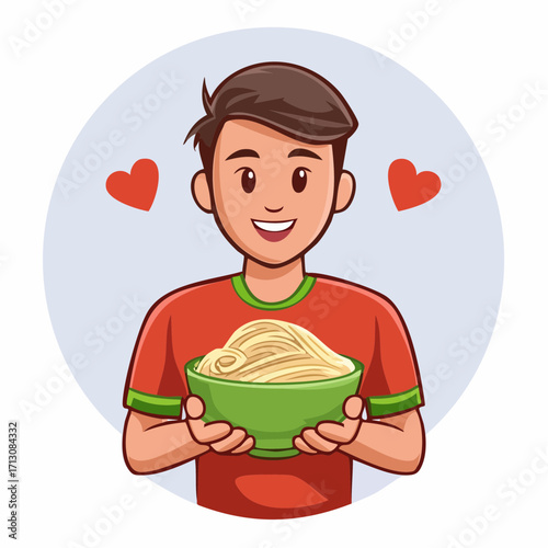 A young smiling man happily holding a bowl of fresh noodles, a cartoon vector icon illustration. Food lover and eating concept isolated