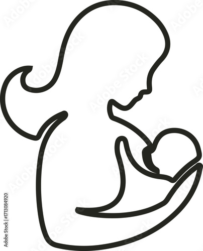 A heartwarming vector logo showing a mother gently holding her baby, symbolizing love, care, and maternal bond with soft curves and minimal design.