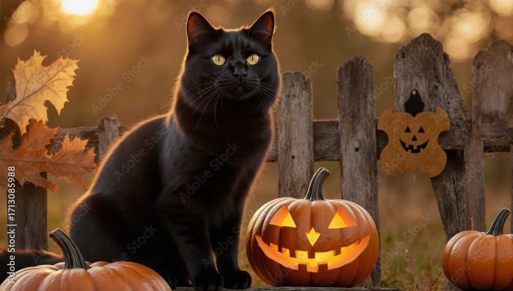 Naklejka premium A charming black cat sits near carved pumpkins on a rustic wooden fence during autumn evening