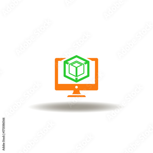 Vector illustration of computer with 3d cubes. Symbol of BIM Building Information Modeling. Icon of BIM Software Designing Construction Technology.