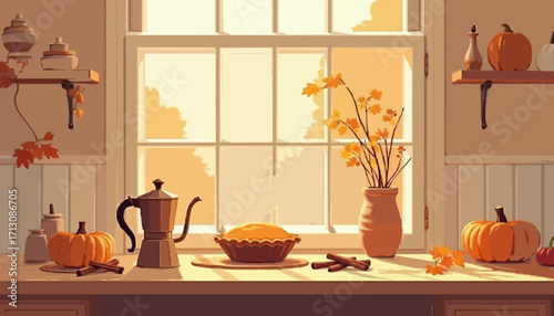 Cozy Autumn Kitchen with Golden Light and Fresh Pie