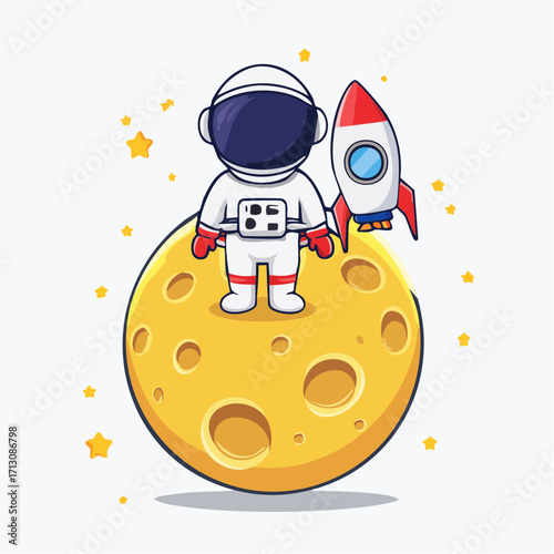 Adorable Astronaut on the Moon with Rocket Cute Space Illustration