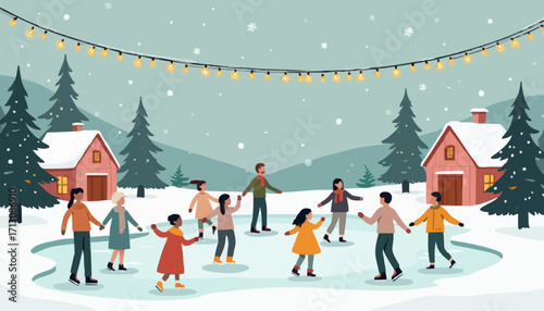 Joyful Ice Skating Party in Winter Wonderland