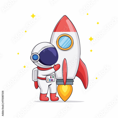 Astronaut's Space Adventure Cartoon Illustration with Rocket and Stars