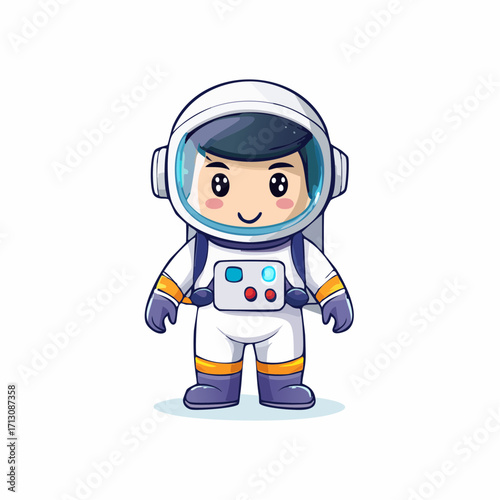 Cute cartoon astronaut illustration, depicting a friendly spaceman in a white suit with a helmet, ready for adventure in outer space