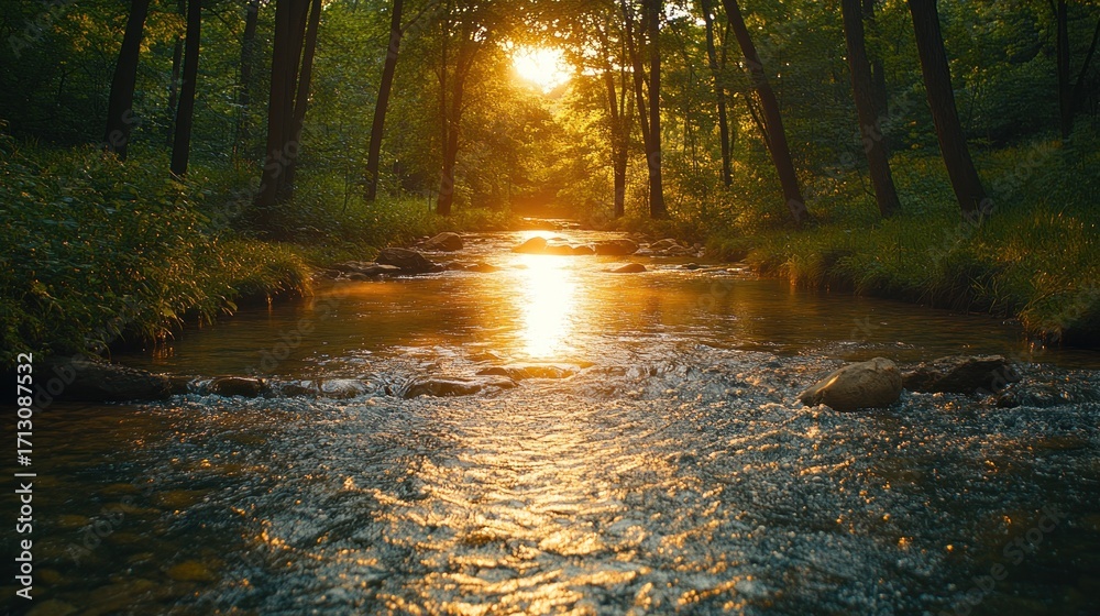 Fototapeta premium Golden Hour Glow on a Winding Forest Stream with Shimmering Water and Lush Green Trees, Creating a Radiant and Serene Woodland Landscape