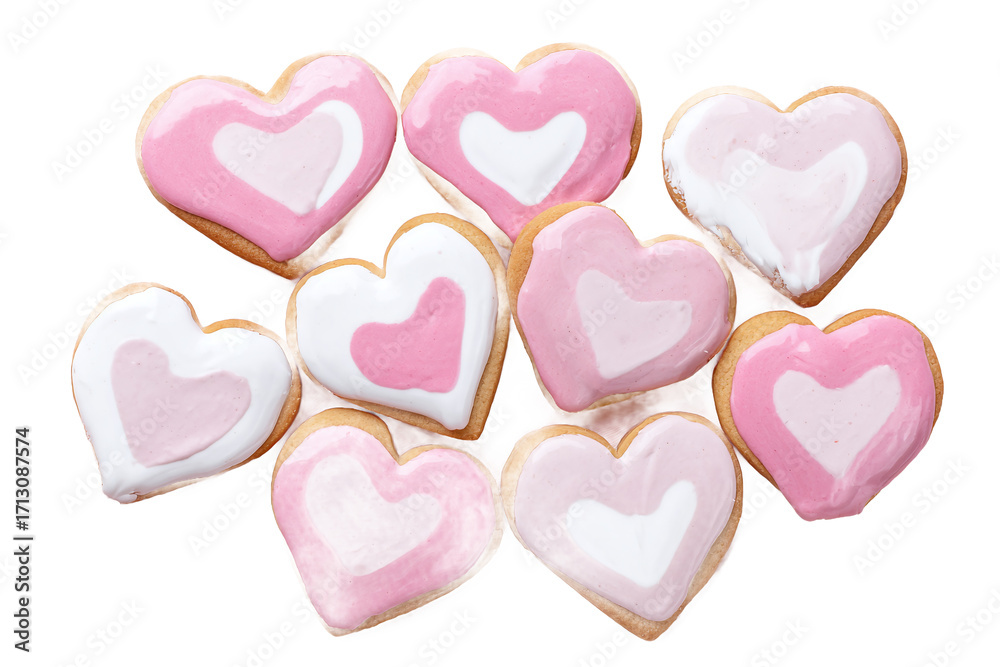 Fototapeta premium Heart cookies with pink and white icing, isolated on white transparent background