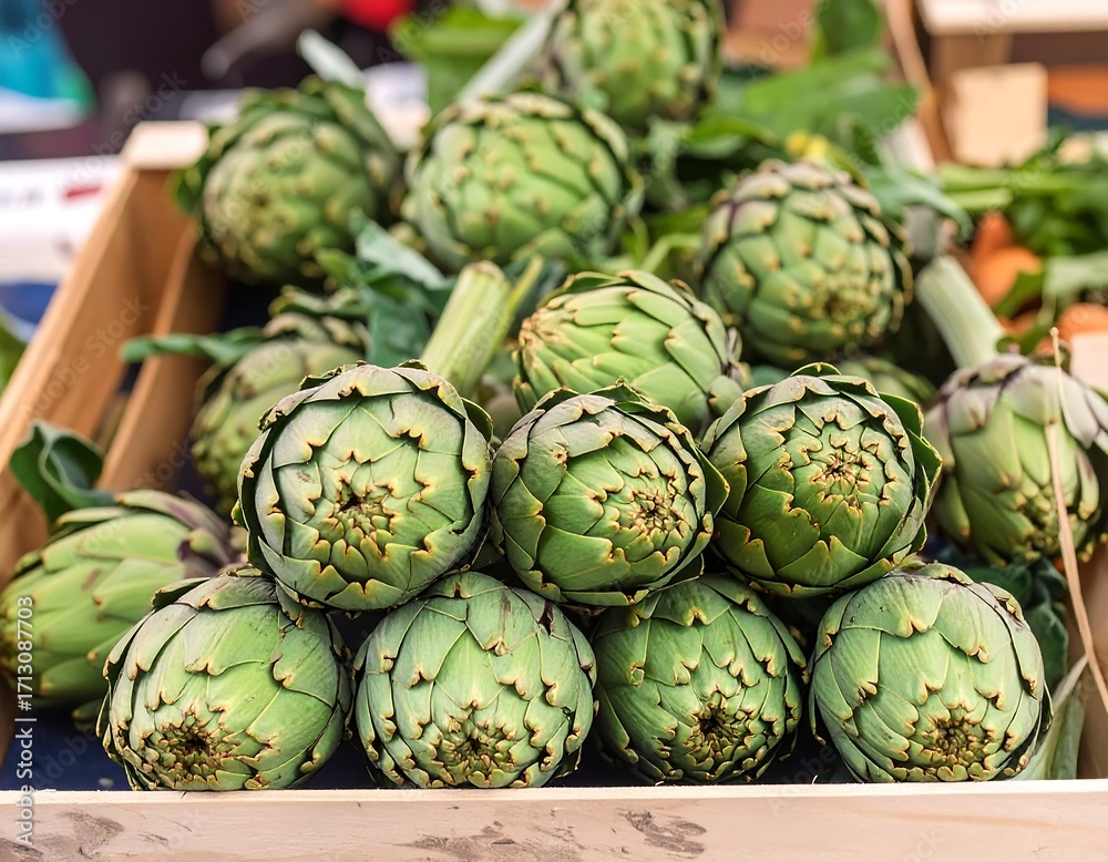 Fototapeta premium Fresh artichokes in a wooden crate