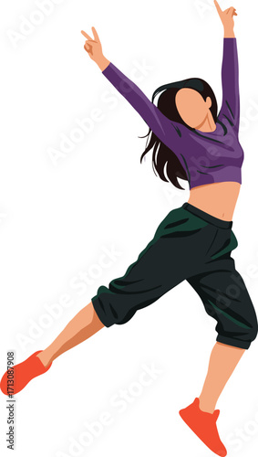 Energetic Young Woman Jumping in Stylish Streetwear – Dance Pose, Fitness Motivation, Active Lifestyle, Isolated on White Background