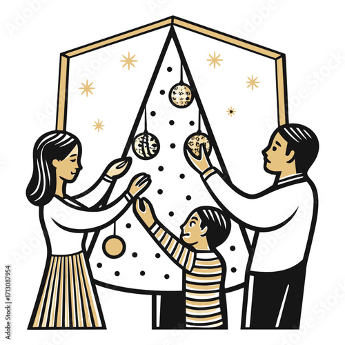 Family decorating Christmas tree together with festive ornaments  