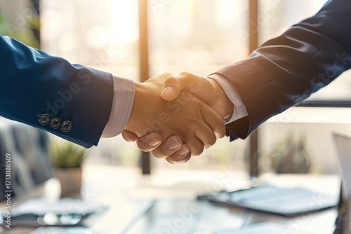 Close-up of two people in suits shaking hands in a brightly lit office setting.  A blurred background suggests a professional workspace