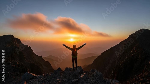 Lone hiker celebrates sunrise at rocky mountain peak, arms wide open, capturing breathtaking cinematic shot. Sunrise slowly ascends between mountain peaks, warm light illuminating hiker's triumph,