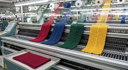 Automated knitting machine producing colorful knitted textiles in a factory setting with various yarn colors and finished products