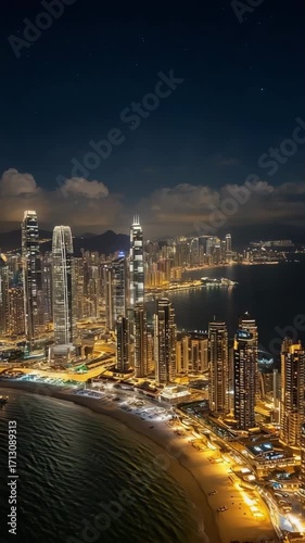 Night drone view of city lights near coast, cinematic wide aerial