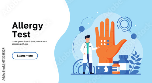 Allergy test illustration, doctor explaining results, medical diagnosis, skin test procedure, healthcare consultation, patient treatment, allergy medicine, clinical analysis, immunology, prevention