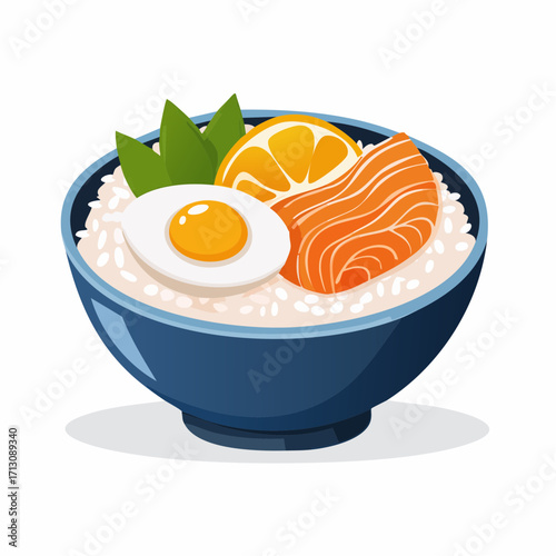 Japanese salmon rice bowl with fried egg and orange cartoon vector icon illustration. Asian food object icon concept isolated