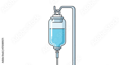 Medical intravenous drip bag hanging on a stand.