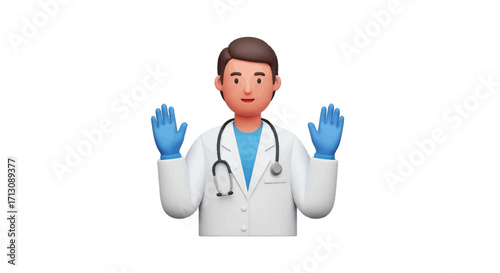 Cartoon doctor with stethoscope and blue gloves raised hands.