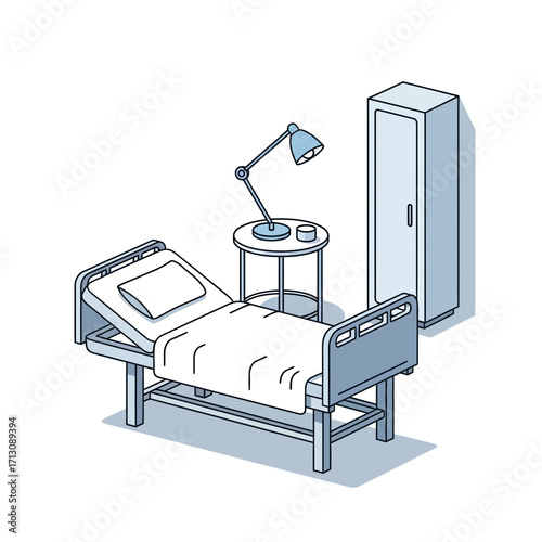 Hospital room with bed lamp and cabinet isometric illustration.