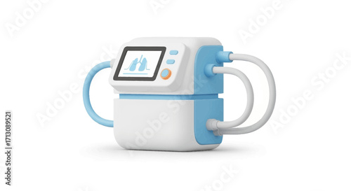 Medical device with screen and tubes on white background.