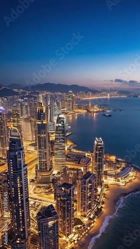 Night drone view of city lights near coast, cinematic wide aerial