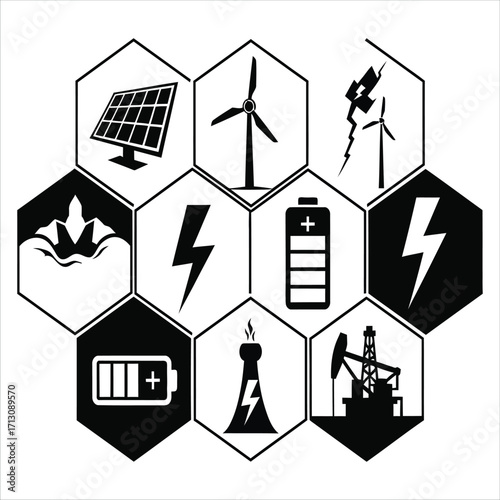 Renewable energy and fossil fuels icon set for eco-friendly power generation and environmental impact