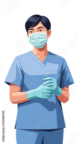 Person in medical scrubs wearing mask and gloves.