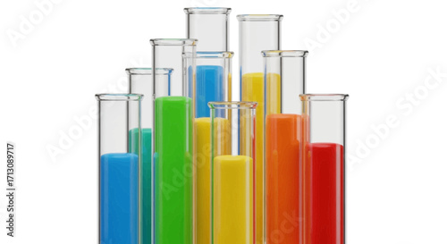 Colorful liquids fill laboratory test tubes against a white background.