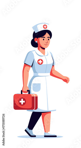 Cartoon nurse in uniform carrying a first aid kit.