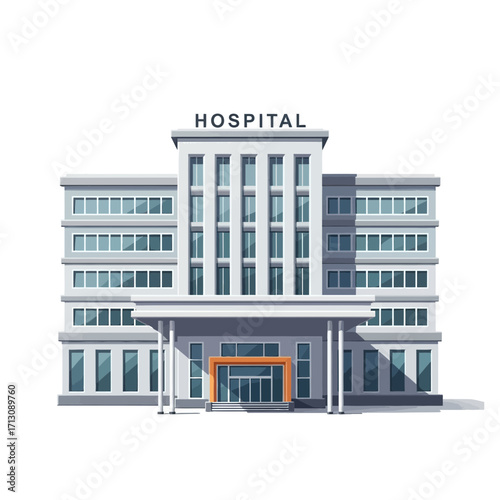 Modern hospital building with entrance and windows on white background.