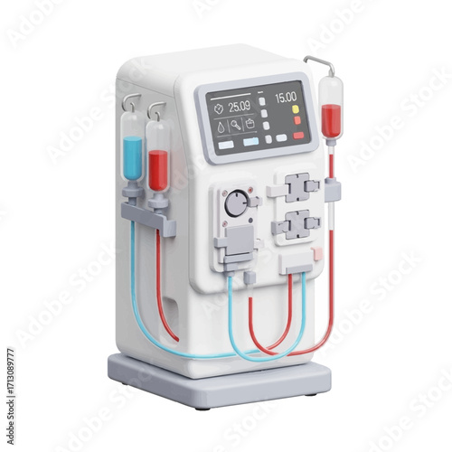 Medical dialysis machine with tubes and screen.