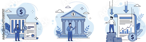 Bank finance concept illustration, business investment, money growth, financial planning, saving money, banking services, loan agreement, financial management, economic strategy, profit